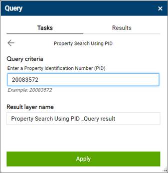 An example of the Property Search Using PID query task.