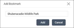 The Add Bookmark dialog box with Shubenacadie Wildlife Park typed in.