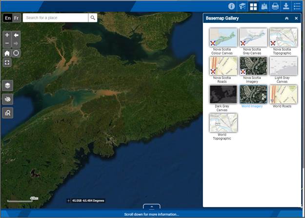 Image showing the basemap library widget with the different basemaps available to select from.